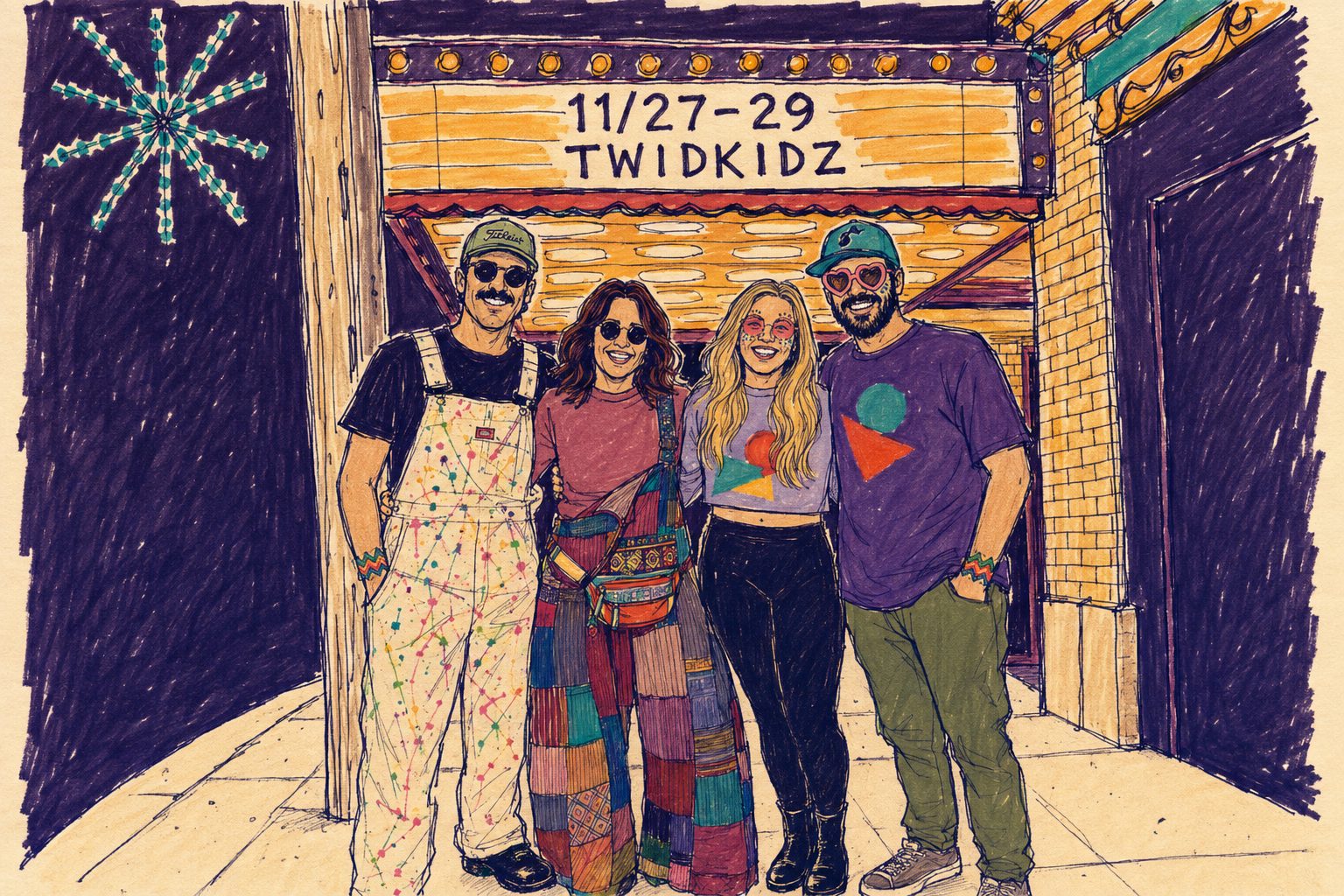 The four TwidKidz, drawn in ink and marker, standing under a theater marquee that reads 11/27-29 TWIDKIDZ.